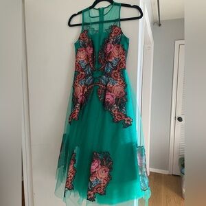 Anthropologie green tulle dress with floral appliqué- size 0